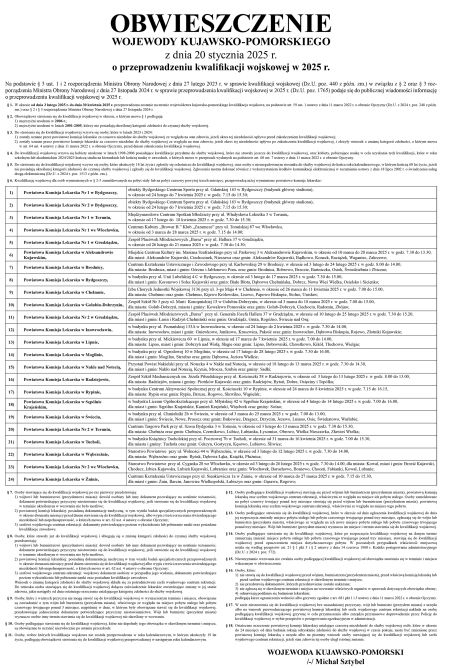 Obwieszczenie Wojewody Kujawsko-Pomorskiego o przeprowadzeniu kwalifikacji wojskowej w 2025 r.